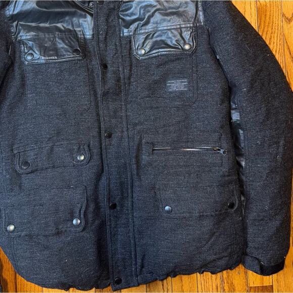 ALL SAINTS Spitalfields Men's Wool and Faux Leather Down Filled Parka Size XL - Picture 3 of 9
